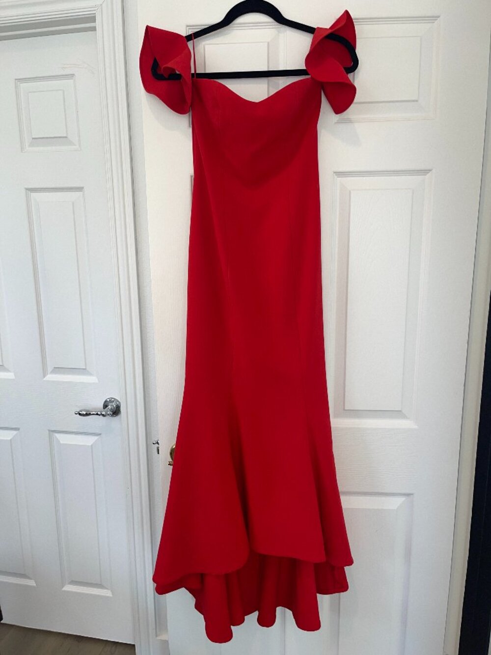 Likely (REVOLVE) Red Off-Shoulder Ruffle Mermaid Maxi Dress | Size 4